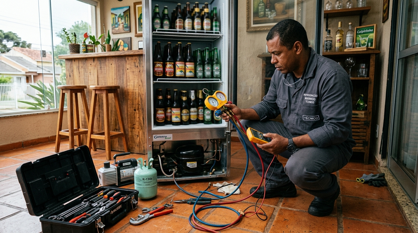 Profissional executando reparo no motor de cervejeira em Vitória‑ES