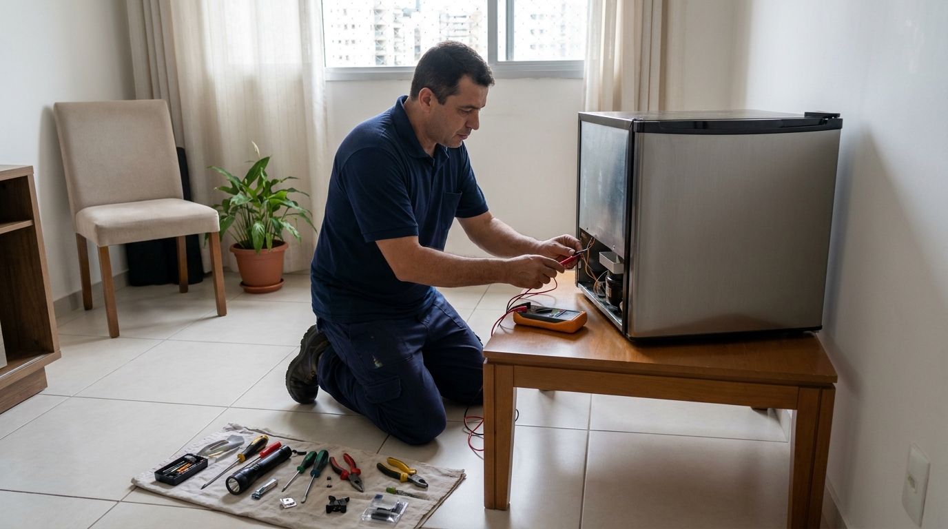 Técnico fazendo manutenção do motor de frigobar em Vitória‑ES