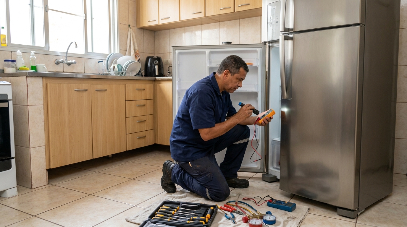 Técnico aplicando recarga de gás refrigerante em geladeira em Vitória‑ES